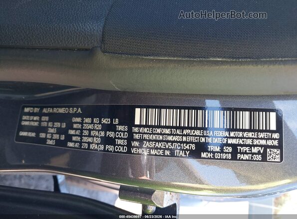 ZASFAKEV5J7C15476 2018 ALFA ROMEO STELVIO Gray Вид підкапотного простору