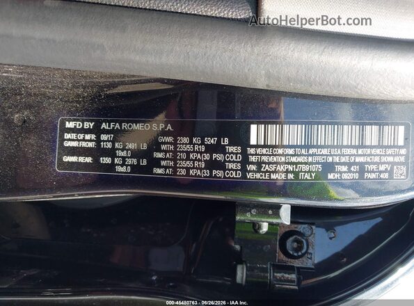 ZASFAKPN1J7B91075 2018 ALFA ROMEO STELVIO Black Շարժիչի բաժամունքի տեսք