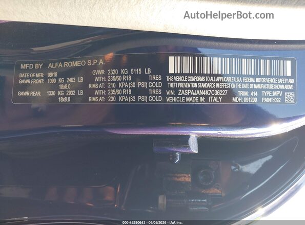 ZASPAJAN4K7C36227 2019 ALFA ROMEO STELVIO Blue ძრავის განყოფილების ხედი