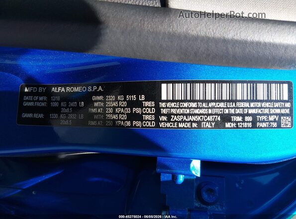ZASPAJAN5K7C48774 2019 ALFA ROMEO STELVIO Blue Widok komory silnika