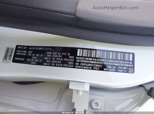 ZASPAJAN7L7C86315 2020 ALFA ROMEO STELVIO White Engine compartment view