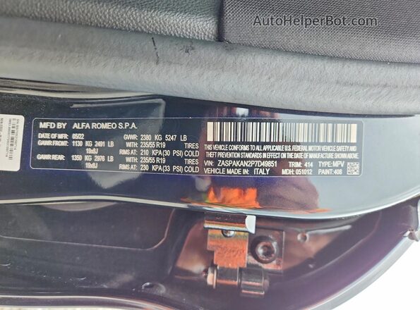 ZASPAKAN2P7D49851 2023 ALFA ROMEO STELVIO Black Widok naklejki z numerem VIN