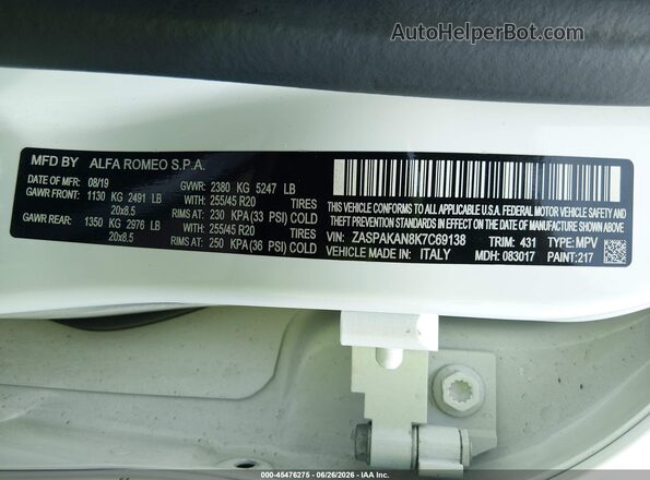 ZASPAKAN8K7C69138 2019 ALFA ROMEO STELVIO White ძრავის განყოფილების ხედი
