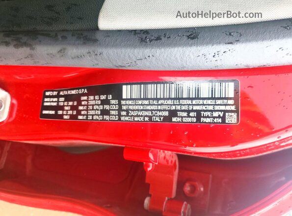 ZASPAKBN0L7C84068 2020 ALFA ROMEO STELVIO Red VIN კოდის სტიკერის ხედი