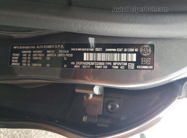 ZASPAKBN2M7D20909 2021 ALFA ROMEO STELVIO Gray Widok naklejki z numerem VIN