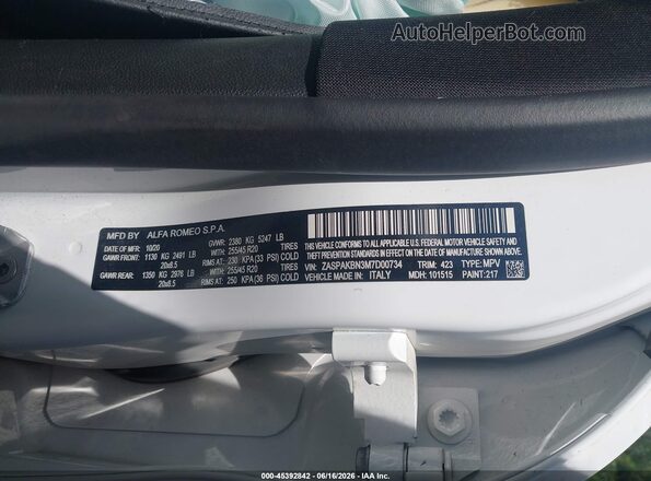 ZASPAKBN3M7D00734 2021 ALFA ROMEO STELVIO White Շարժիչի բաժամունքի տեսք