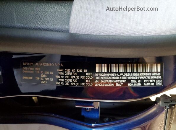 ZASPAKBN5M7C98971 2021 ALFA ROMEO STELVIO Blue Vista de la etiqueta del VIN