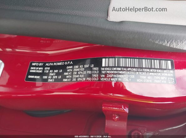 ZASPAKBN6K7C31308 2019 ALFA ROMEO STELVIO Red Engine compartment view