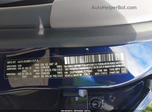 ZASPAKBN6L7C75245 2020 ALFA ROMEO STELVIO Blue Vista del compartimento del motor