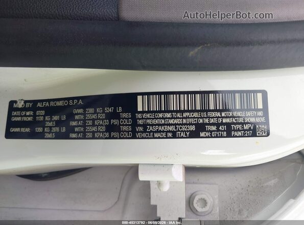 ZASPAKBN6L7C92398 2020 ALFA ROMEO STELVIO White Engine compartment view