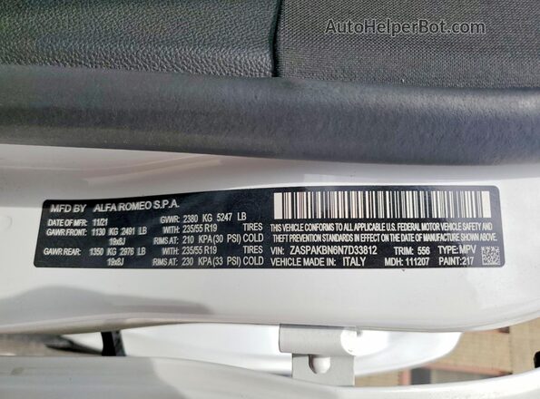 ZASPAKBN6N7D33812 2022 ALFA ROMEO STELVIO White Widok naklejki z numerem VIN