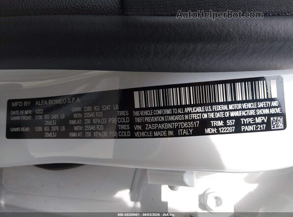 ZASPAKBN7P7D63517 2023 ALFA ROMEO STELVIO White Вид підкапотного простору