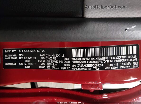 ZASPAKBN8M7C99533 2021 ALFA ROMEO STELVIO Red Vista del compartimento del motor