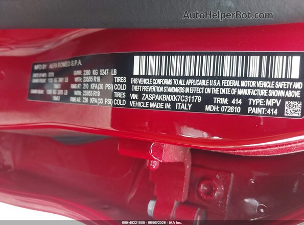 ZASPAKBNXK7C31179 2019 ALFA ROMEO STELVIO Red Вид підкапотного простору
