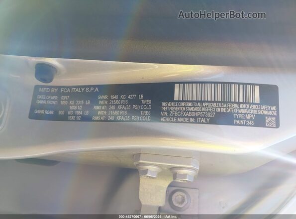 ZFBCFXAB0HP573927 2017 FIAT 500X Silver Շարժիչի բաժամունքի տեսք