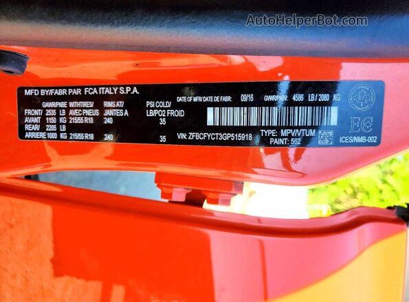 ZFBCFYCT3GP515918 2016 FIAT 500X Orange Vista de la etiqueta del VIN