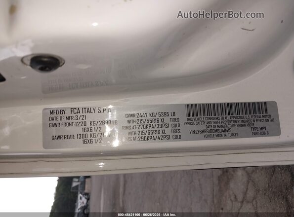 ZFBHRFAB0M6U40415 2021 RAM PROMASTER CITY White Շարժիչի բաժամունքի տեսք
