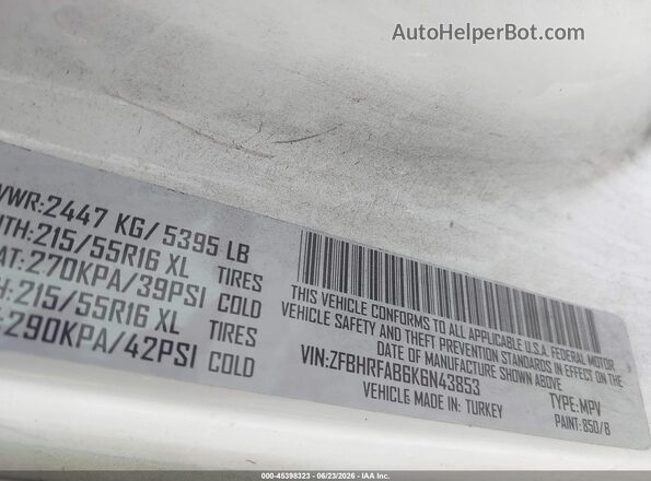 ZFBHRFAB6K6N43853 2019 RAM PROMASTER CITY Белый Вид подкапотного пространства