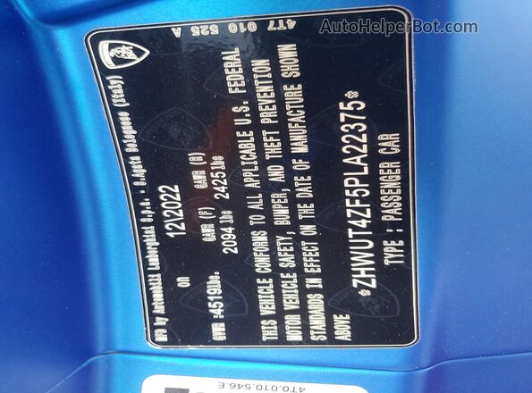 ZHWUT4ZF5PLA22375 2023 LAMBORGHINI HURACAN Синий Вид подкапотного пространства