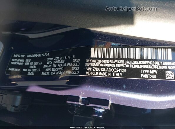 ZN661XUA2KX324126 2019 MASERATI LEVANTE Blue Вид підкапотного простору
