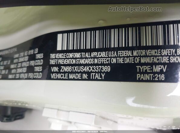 ZN661XUS4KX337369 2019 MASERATI LEVANTE White Widok komory silnika