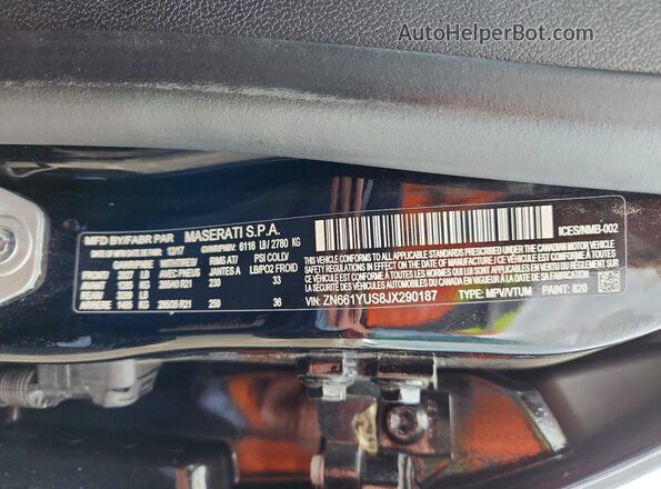 ZN661YUS8JX290187 2018 MASERATI LEVANTE Black VIN კოდის სტიკერის ხედი