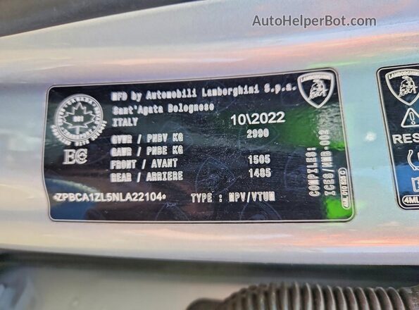 ZPBCA1ZL5NLA22104 2022 LAMBORGHINI URUS Silver VIN კოდის სტიკერის ხედი