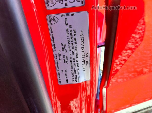 ZPBUA1ZL4KLA02281 2019 LAMBORGHINI URUS Красный Вид наклейки с VIN-кодом