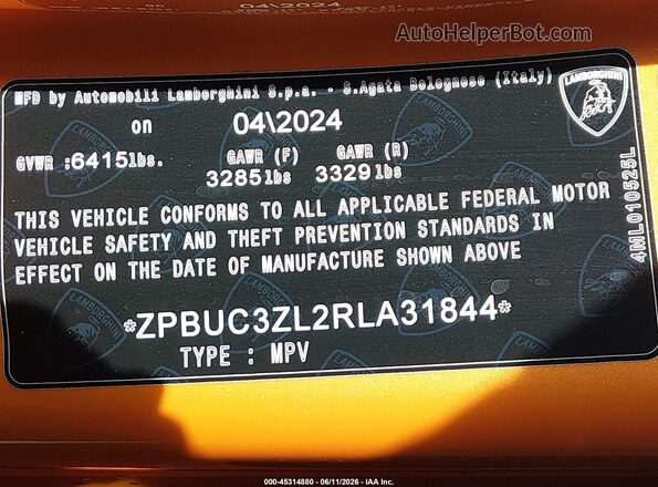ZPBUC3ZL2RLA31844 2024 LAMBORGHINI URUS Orange Вид підкапотного простору