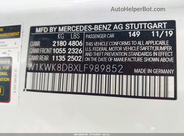W1KWK8DBXLF989852 2020 MERCEDES-BENZ C-CLASS White Vista del compartimento del motor