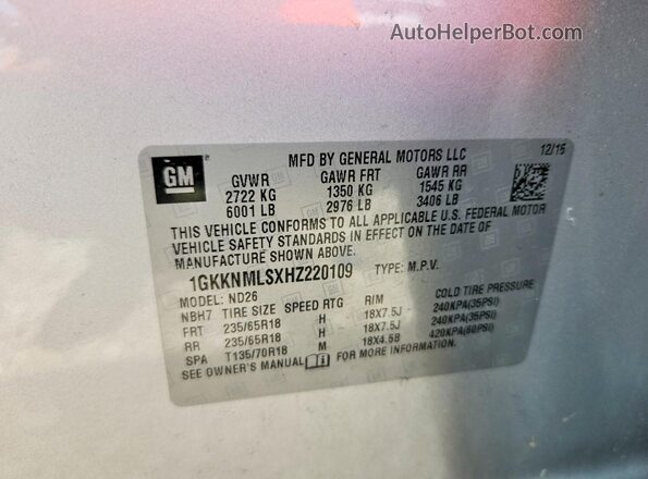 1GKKNMLSXHZ220109 2017 GMC ACADIA Silver 360 interior view
