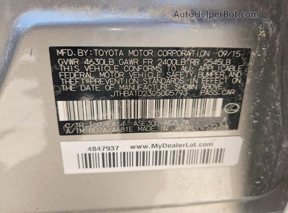 JTHBA1D23G5005793 2016 LEXUS IS Silver Widok naklejki z numerem VIN
