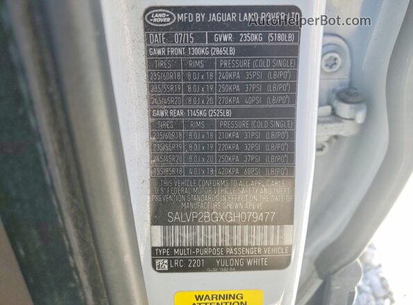 SALVP2BGXGH079477 2016 LAND ROVER RANGE White Vista de la etiqueta del VIN