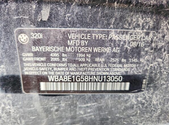 WBA8E1G58HNU13050 2017 BMW 3 SERIES Black Widok naklejki z numerem VIN