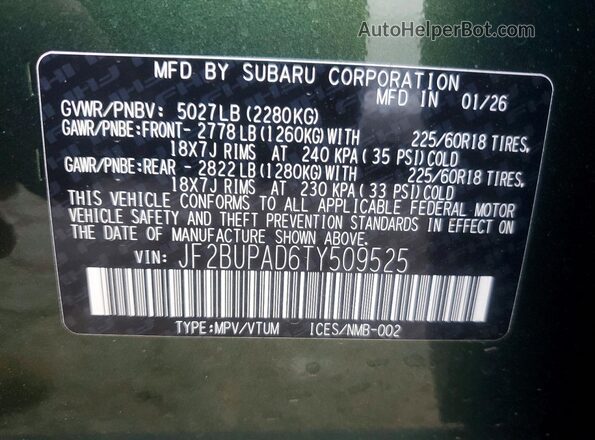JF2BUPAD6TY509525 2026 SUBARU OUTBACK Зеленый Вид наклейки с VIN-кодом
