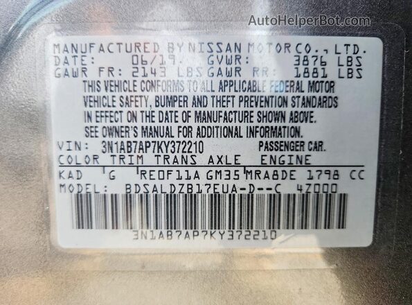 3N1AB7AP7KY372210 2019 NISSAN SENTRA Gray VIN sticker view