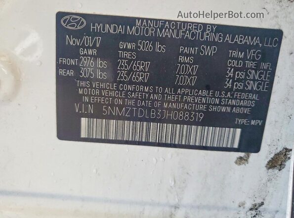 5NMZTDLB3JH088319 2018 HYUNDAI SANTA White Widok wnętrza 360 stopni