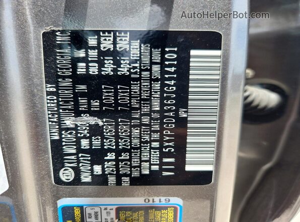 5XYPGDA36JG414101 2018 KIA SORENTO Gray Vista interior de 360 grados