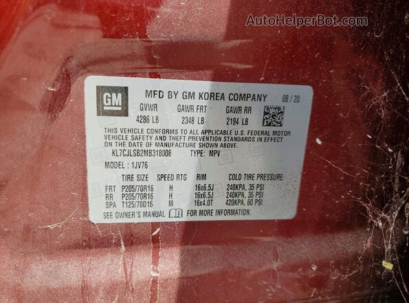KL7CJLSB2MB318008 2021 CHEVROLET TRAX Red VIN კოდის სტიკერის ხედი