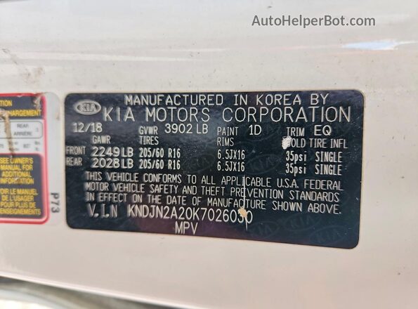 KNDJN2A20K7026030 2019 KIA SOUL White VIN կոդի պիտակի տեսք