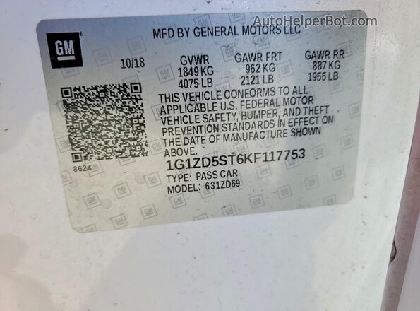 1G1ZD5ST6KF117753 2019 CHEVROLET MALIBU White VIN კოდის სტიკერის ხედი
