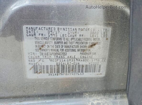 3N1AB7AP8HY407653 2017 NISSAN SENTRA Серый Вид наклейки с VIN-кодом