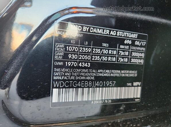 WDCTG4EB8JJ401957 2018 MERCEDES-BENZ GLA-CLASS Black VIN կոդի պիտակի տեսք