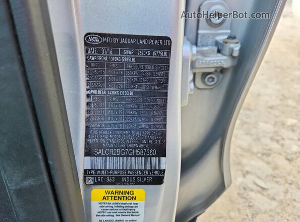SALCR2BG7GH587360 2016 LAND ROVER DISCOVERY Silver Widok wnętrza 360 stopni