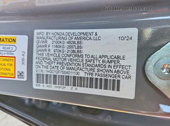 1HGCY2F75SA011130 2025 HONDA ACCORD Gray Вид наклейки з VIN-кодом