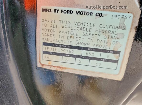 1F01H190767 1971 FORD MUSTANG Черный Вид наклейки с VIN-кодом