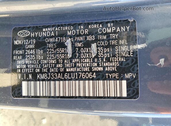 KM8J33AL6LU176064 2020 HYUNDAI TUCSON Синий Вид наклейки с VIN-кодом