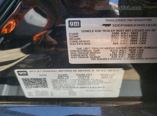 3GCPWBEK9NG181802 2022 CHEVROLET SILVERADO Black VIN კოდის სტიკერის ხედი