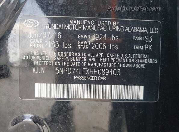 5NPD74LFXHH089403 2017 HYUNDAI ELANTRA Black VIN კოდის სტიკერის ხედი