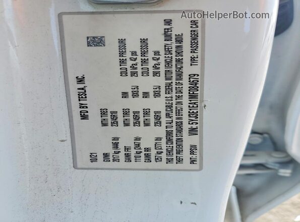 5YJ3E1EA1MF084679 2021 TESLA MODEL White Vista de la etiqueta del VIN
